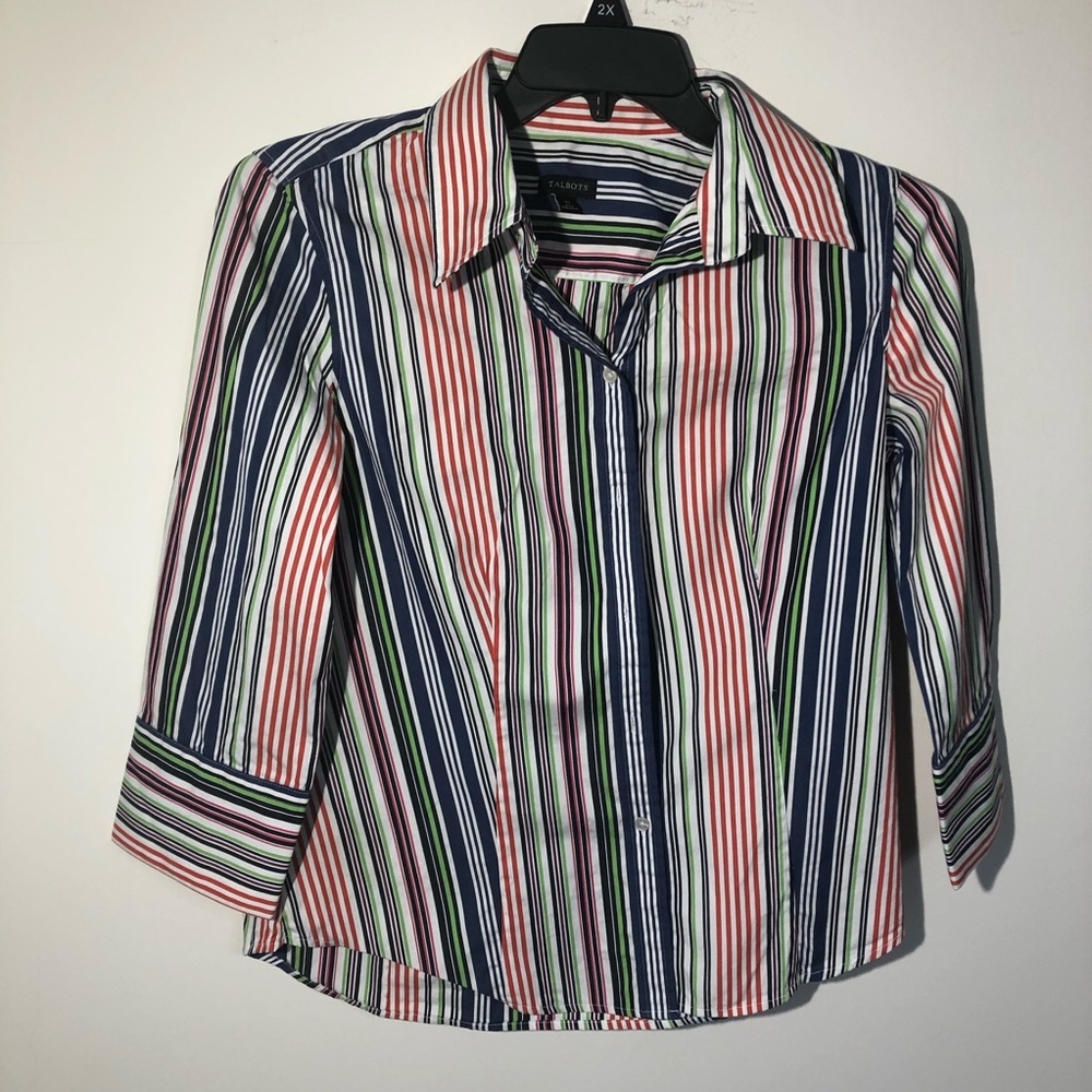 Talbots Stripe Button  Down Collar Top Blouse 10